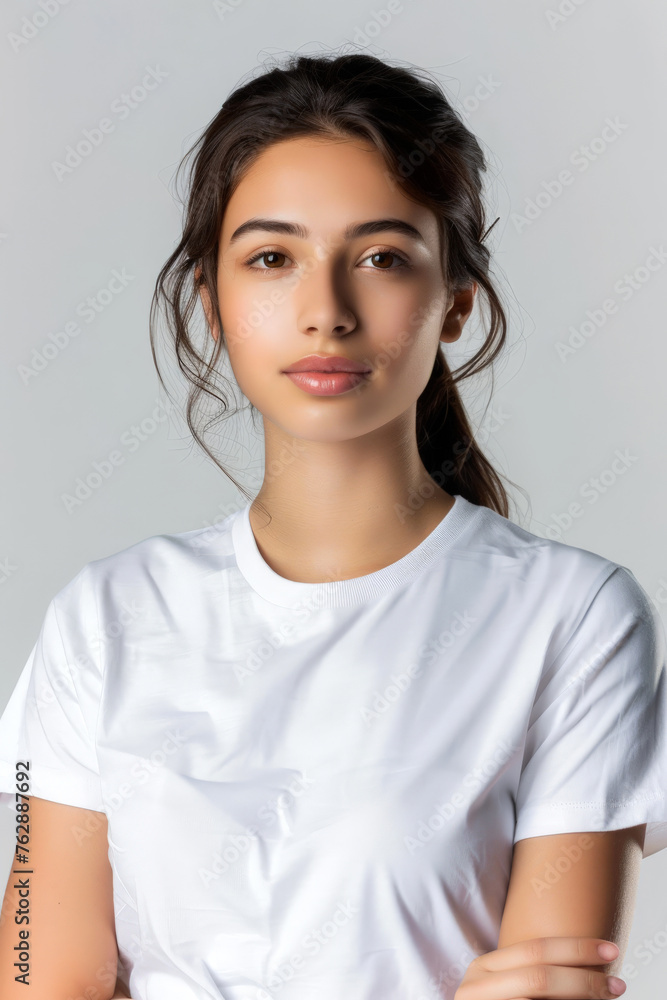 Woman in white T-shirt on isolated background Mockup. generative ai Woman in white T-shirt on isolated background Mockup. generative ai