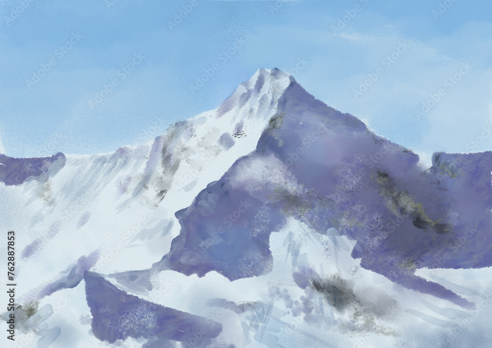 Fototapeta premium watercolor drawing winter landscape with mountains, snow covered peak, hand drawn illustration