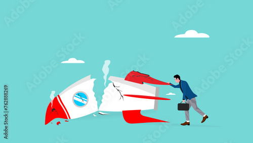 Failed and crashed business rocket startup, sad businessman with broken rocket illustration, business failure concept,