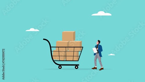Inventory Management With Goods Demand And Stock Supply Planning, businessman checks shopping basket containing cardboard boxes to stock production materials, check inventory concept illustration