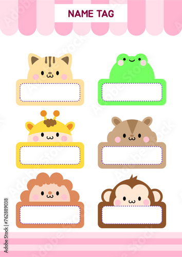 Adorable Animal Character Name Tag Sticker Vector Illustration
