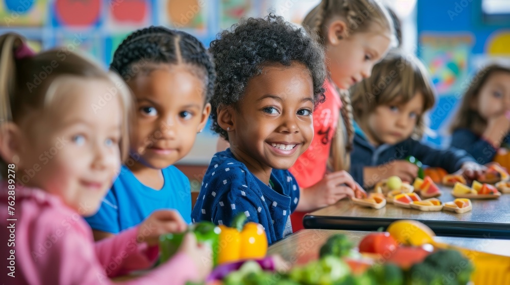 A classroom filled with children playing a game where they match pictures of different healthy foods to their corresponding food group. They are all engaged and having fun A classroom filled with children playing a game where they match pictures of different healthy foods to their corresponding food group. They are all engaged and having fun