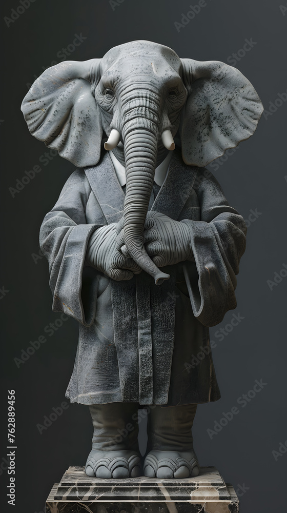 An elephant statue adorned in a vintage coat exudes regal elegance.