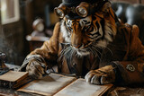 A tiger dressed in steampunk attire intently reading a book in a vintage study room.