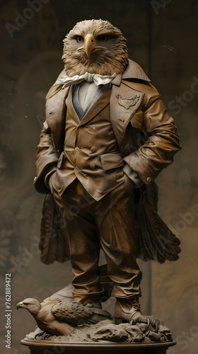 An eagle statue, donning a suit and coat, stands with dignified presence.