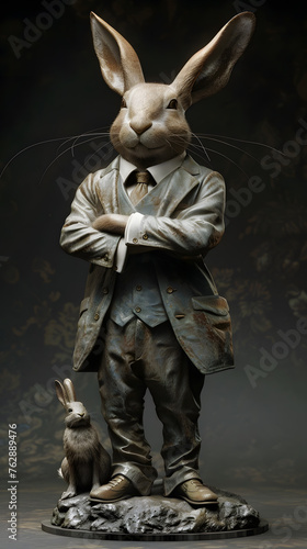 A rabbit statue, clad in a suit, stands with an air of dignified charm, © Chomphu