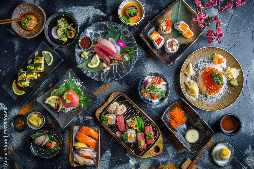 Variety of traditional Japanese dishes beautifully arranged