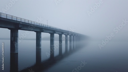 A bridge over the river in the morning fog. Mystical and mysterious atmosphere of the landscape. Generative AI