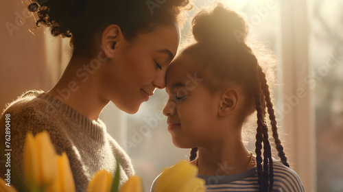 Mother and daughter, heat, golden light, yellow tulips, intimacy, braids. photo