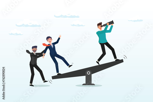 Businessman team members help push seesaw for success, teamwork or partnership to support leader to success and reach goal, help or assist by team or colleagues, cooperate or togetherness (Vector) © Art of Ngu