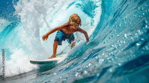 photo of a young cute child kid boy surfing and swimming in the sea ocean. wallpaper background 16:9 © SayLi