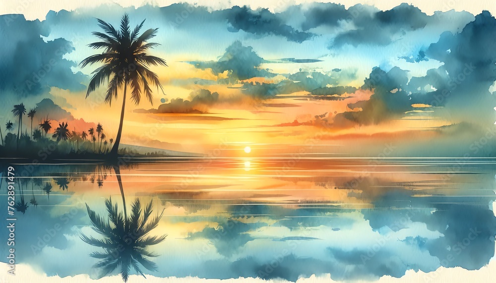 Watercolor Painting Silhouette of a Palm Tree