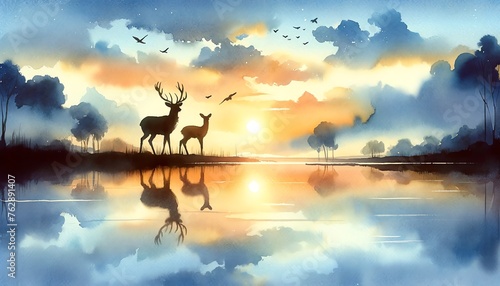 atercolor Painting Silhouette of 2 Deers
