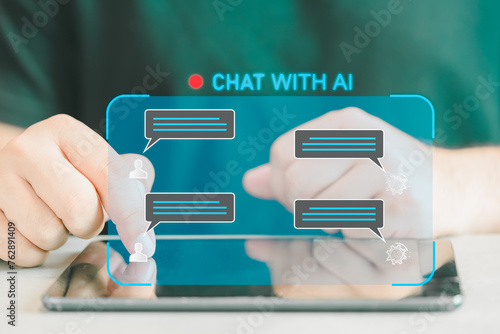Chatbot conversation assistant. Person using online customer service with chat bot to get support. Artificial intelligence and CRM software automation technology, customer support center