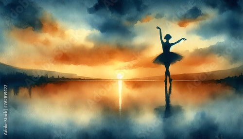 Watercolor Painting Silhouette of a Ballet Girl © monkik.