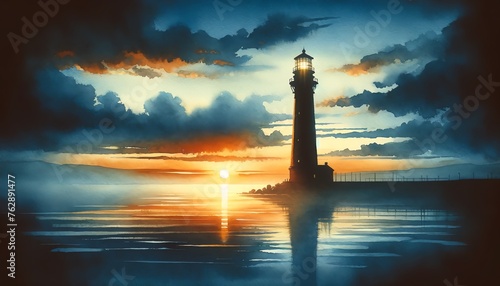 Watercolor Painting Silhouette of a Lighthouse