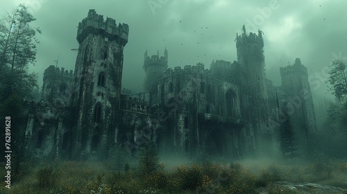 The old castle in the fog. Tranquil, mystical and mysterious atmosphere. Beauty landscape. Generative AI