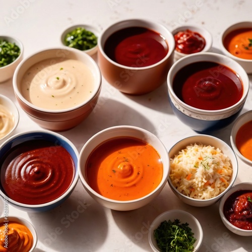 Various assorted sauces and condiments in bowls, cooking ingredients and spices