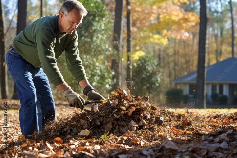 Man Digging Pile of Leaves in Yard