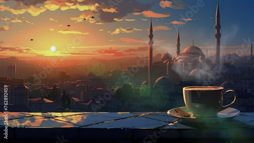 A cup of hot coffee or tea on a table at sunset with a mosque in the background. Anime art style. Loop animation photo