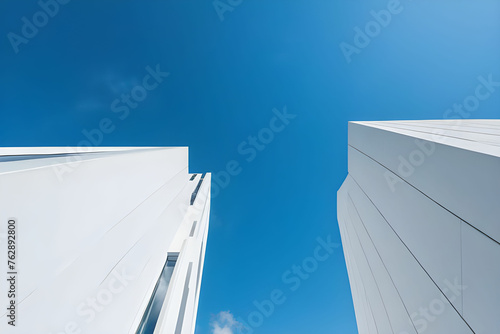 Big white walls of the building against the blue sky and white clouds. Modern architecture. Minimalistic design