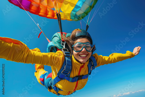 Portrait of a skydiver in a yellow suit with a blue backpack flying at a colorful parachute, holding hands and smiling to the camera while sky diving from a high altitude