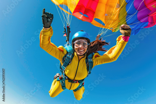 Portrait of a skydiver in a yellow suit with a blue backpack flying at a colorful parachute, holding hands and smiling to the camera while sky diving from a high altitude