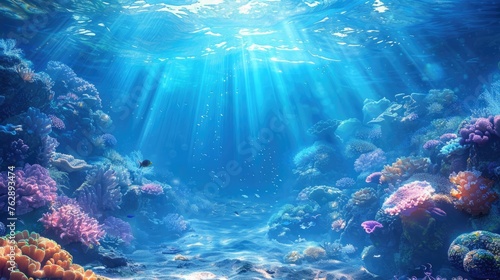Serene Seabed  Captivating Blue Ocean Background with Sunlight and Undersea Wonders