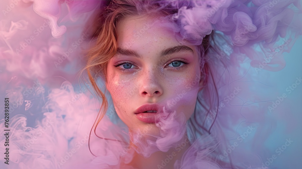 AI-Generated Fashion: Young Woman in Purple Pink Smoke Cloud on Pastel Blue Background - Close-Up Portrait of Top Model