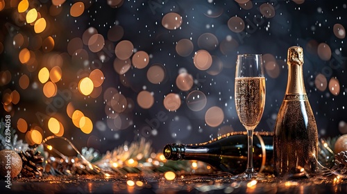 Sparkling Toasts for Festive Occasions: Luxury Celebration of Birthdays, New Year's Eve, and Holidays with Champagne Glasses and Bottles on a Night Background