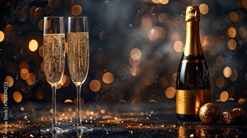 Sparkling Toasts for Festive Occasions: Luxury Celebration of Birthdays, New Year's Eve, and Holidays with Champagne Glasses and Bottles on a Night Background