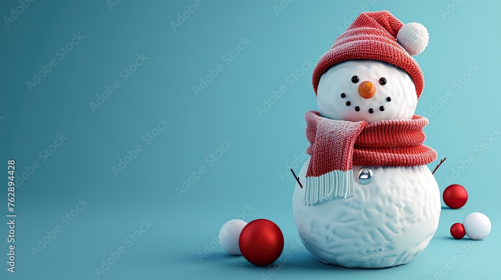 Cheery Snowman Delights on Icy Blue Backdrop - AI-Generated Winter Joy
