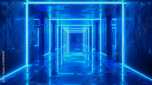 Futuristic 3D Showroom with Blue Neon Light - Technology and Art Intertwined