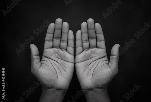 Ramadan kareem concept, Black and white prayer hands open two empty hands with palms up to pray God photo