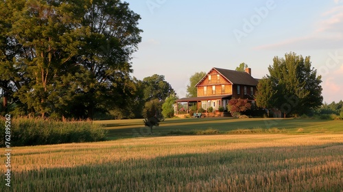 A rural farmhouse at the sunset