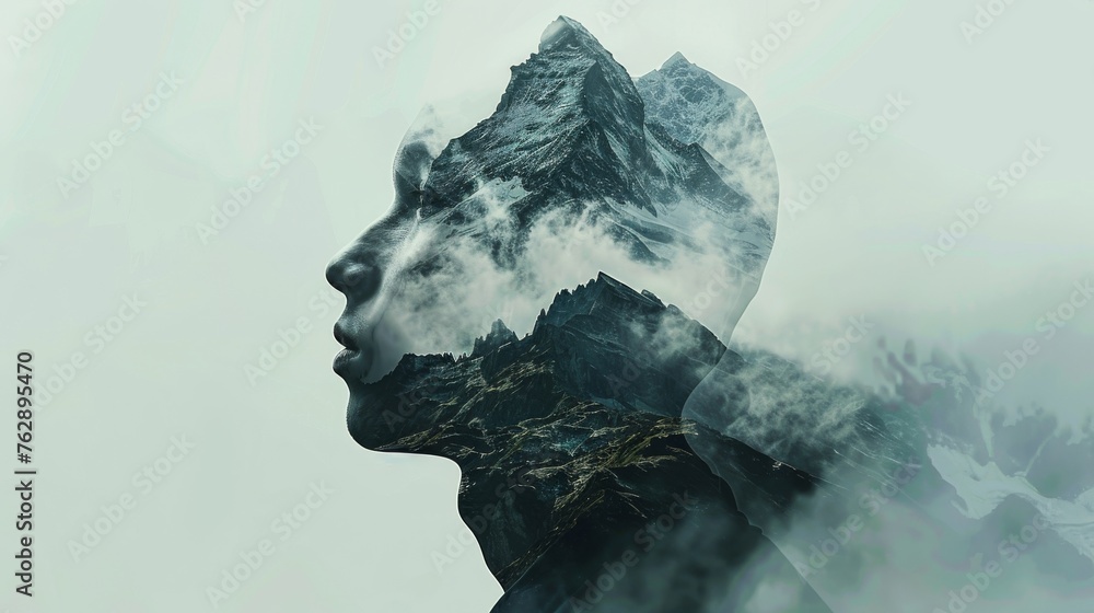 Abstract visualization of a human form transforming into a mountain range, emphasizing the connection between personal strength and natural majesty Abstract visualization of a human form transforming into a mountain range, emphasizing the connection between personal strength and natural majesty