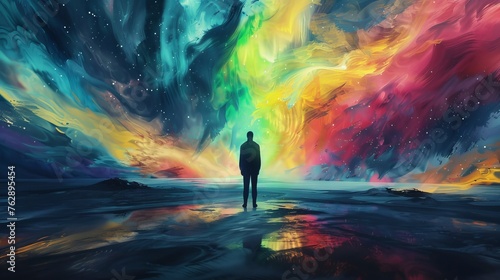 Abstract portrayal of human emotion as colorful auroras emanating from a silhouetted figure standing in a stark, monochromatic landscape photo
