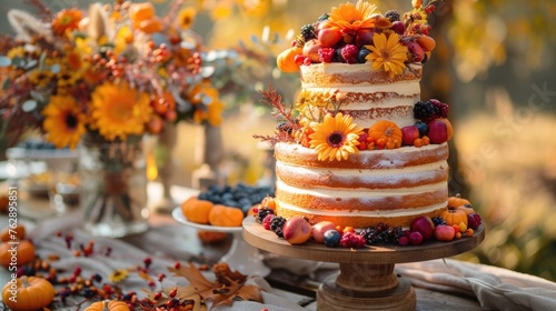 Festive Autumn Cake on Decorated Table for Party Celebration photo