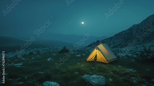 Camping tent on the hill at night with stars 