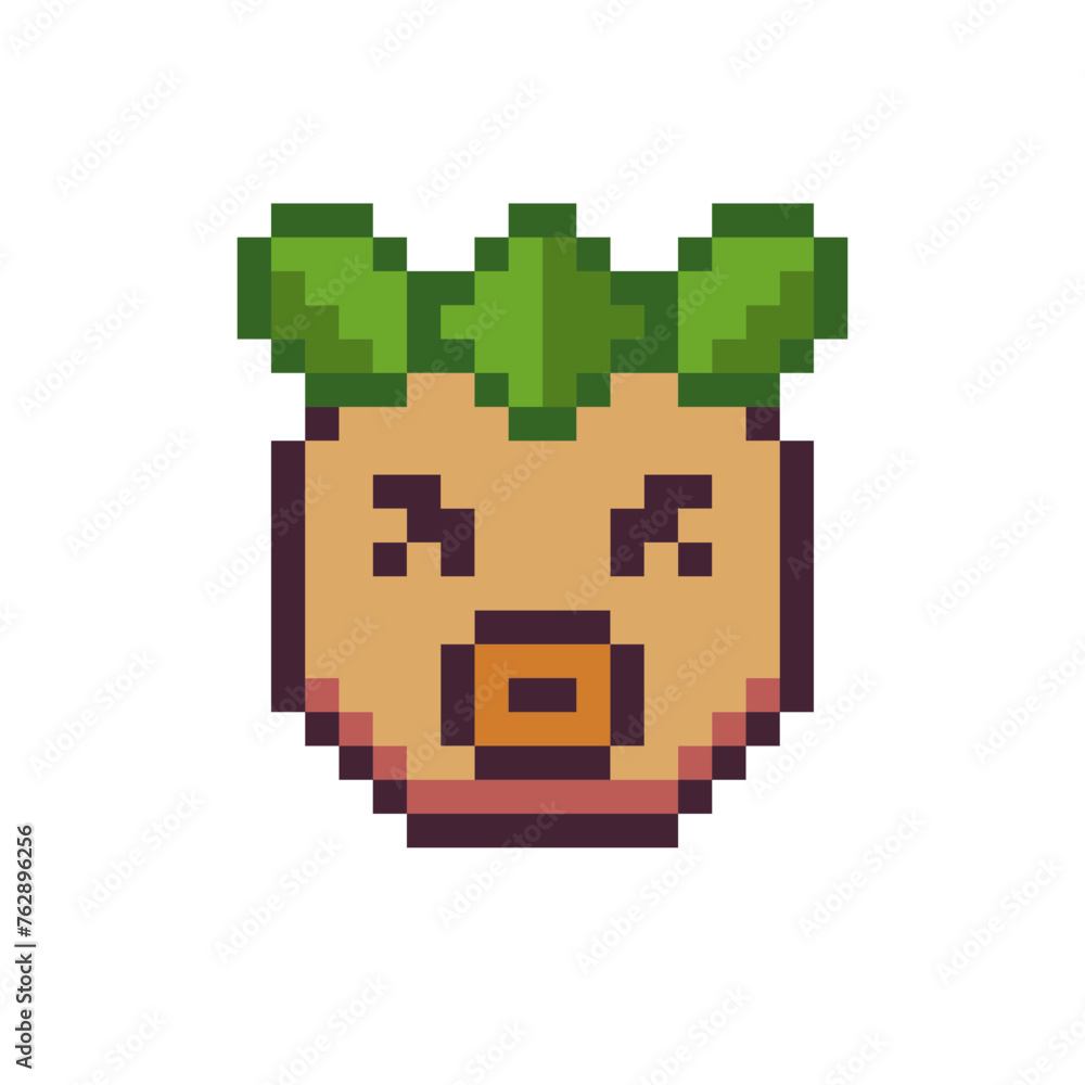 Cute emoticon with closed eyes and green hair, pixel art icon, yellow face, smile cartoon character. 8-bit flat style. Isolated abstract colorful vector illustration. Cute emoticon with closed eyes and green hair, pixel art icon, yellow face, smile cartoon character. 8-bit flat style. Isolated abstract colorful vector illustration.