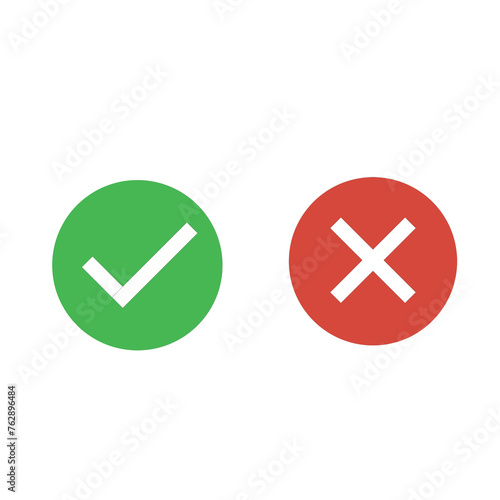 Green check mark, red cross mark icon, and button set. Isolated tick symbols, checklist signs, Flat and modern checkmark design, vector illustration.