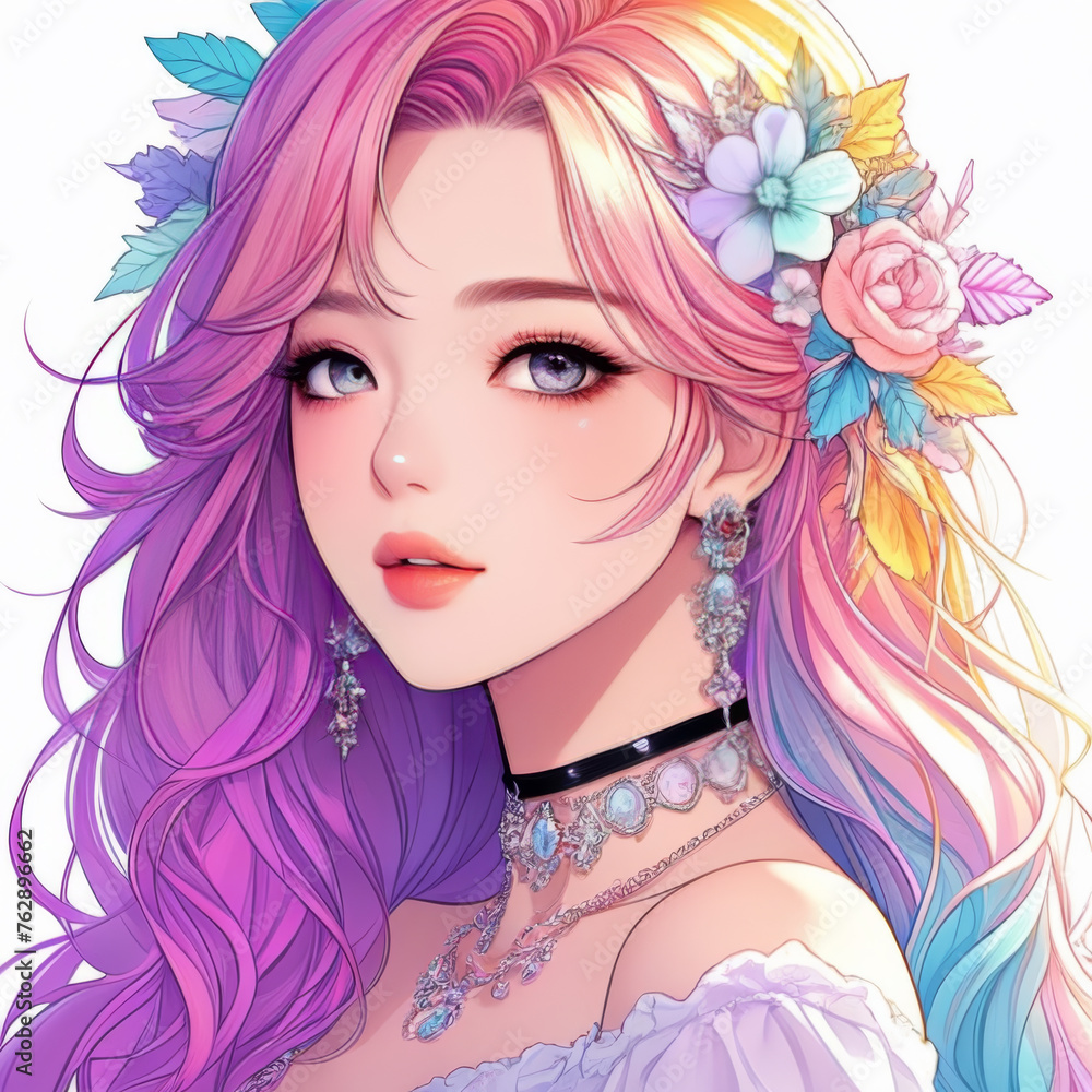 Beautiful girl with pink hair and flowers in her hair. Vector illustration. Beautiful girl with pink hair and flowers in her hair. Vector illustration.