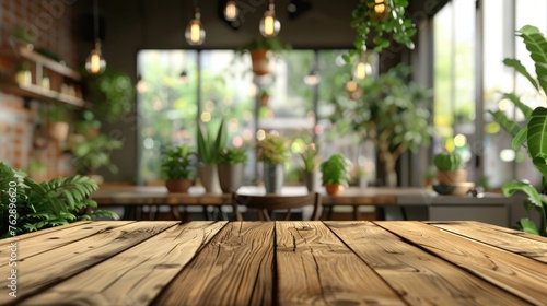 Empty Wooden Table in Blurred Cafe - Ideal for Product Display or Montage of Restaurant Interior Background