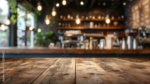 Empty Wooden Table in Blurred Cafe - Ideal for Product Display or Montage of Restaurant Interior Background photo