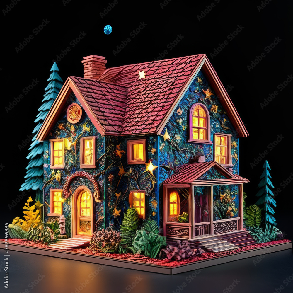 3D rendering of a beautiful house in the forest at night.
