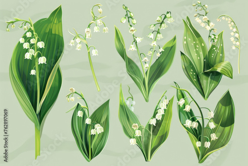 Set of lily of the valley flowers with various stages of growth and bloom photo