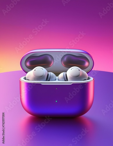 Wireless headphones with purple charging case on a gradient background, airpods, earbuds