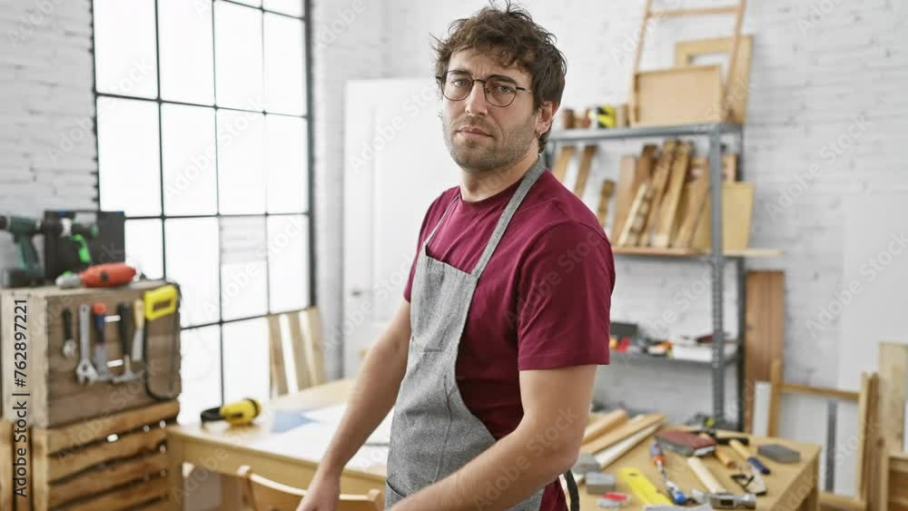 Handsome bearded man in apron standing confidently in a carpentry workshop with arms crossed. Handsome bearded man in apron standing confidently in a carpentry workshop with arms crossed.