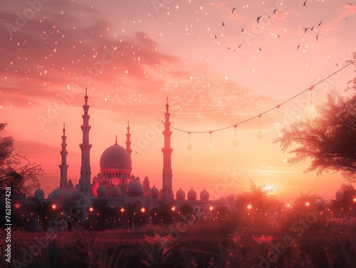 Hanging lanterns islamic eid mubarak and mosque, cosmo sky 