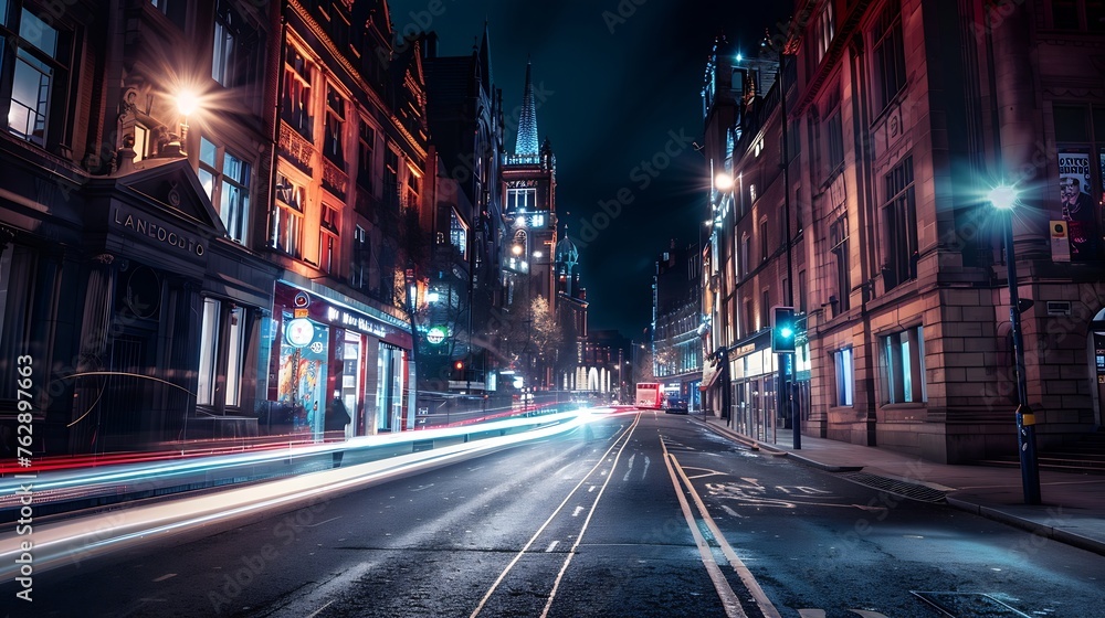 Uk england manchester long exposure of city street at night : Generative AI - obrazy, fototapety, plakaty 